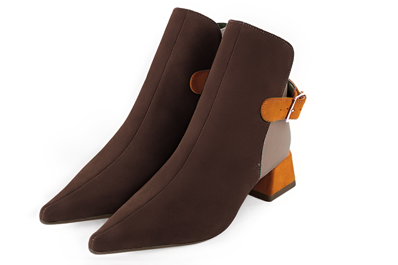 Dark brown, bronze beige and apricot orange women's ankle boots with buckles at the back. Pointed toe. Low flare heels. Front view - Florence KOOIJMAN